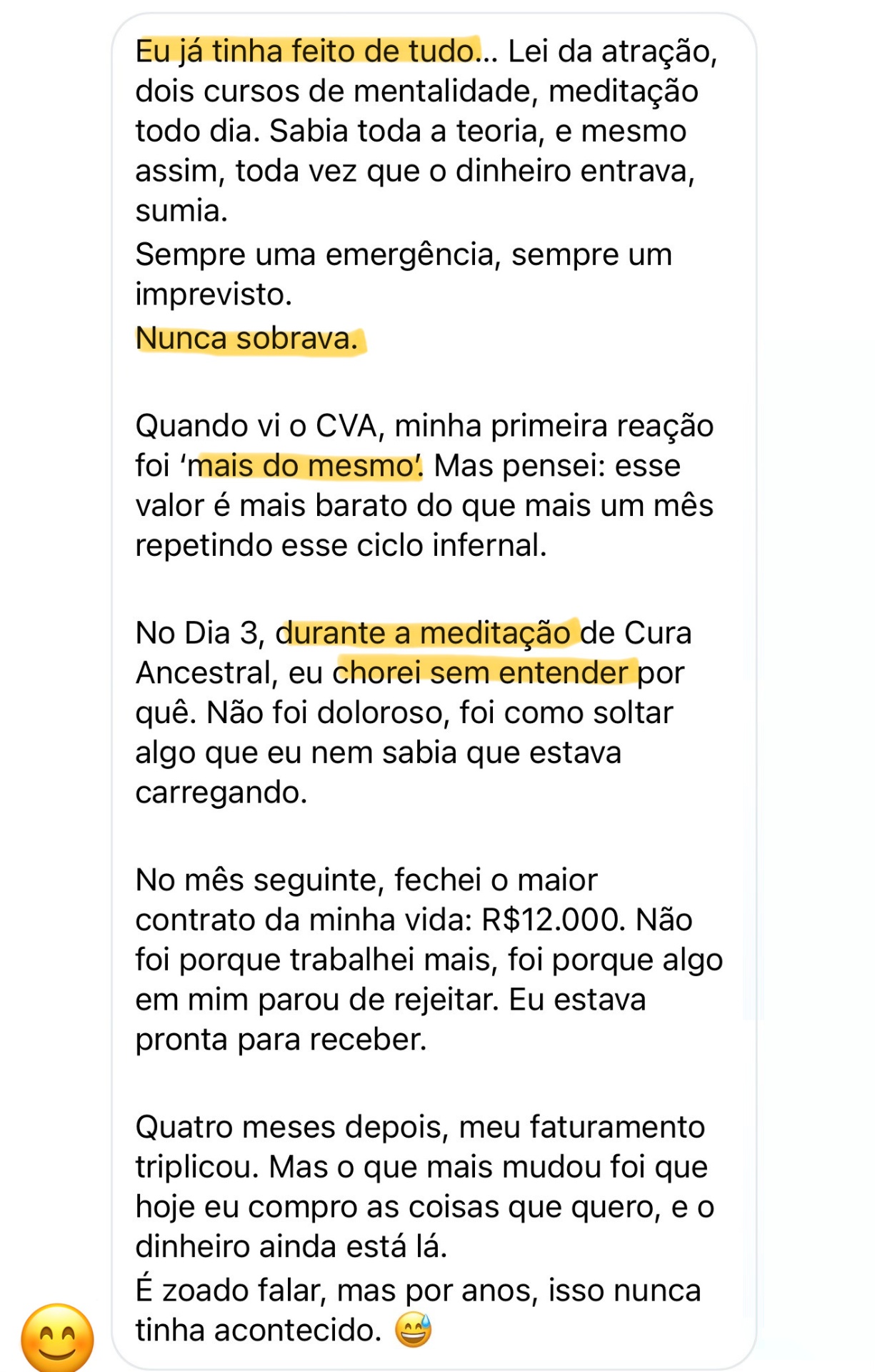 Depoimento real — aluna do Código da Abundância